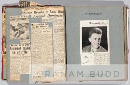 Arsenal FC schoolboy scrapbook with signed images of players and match reports, circa 1950s,