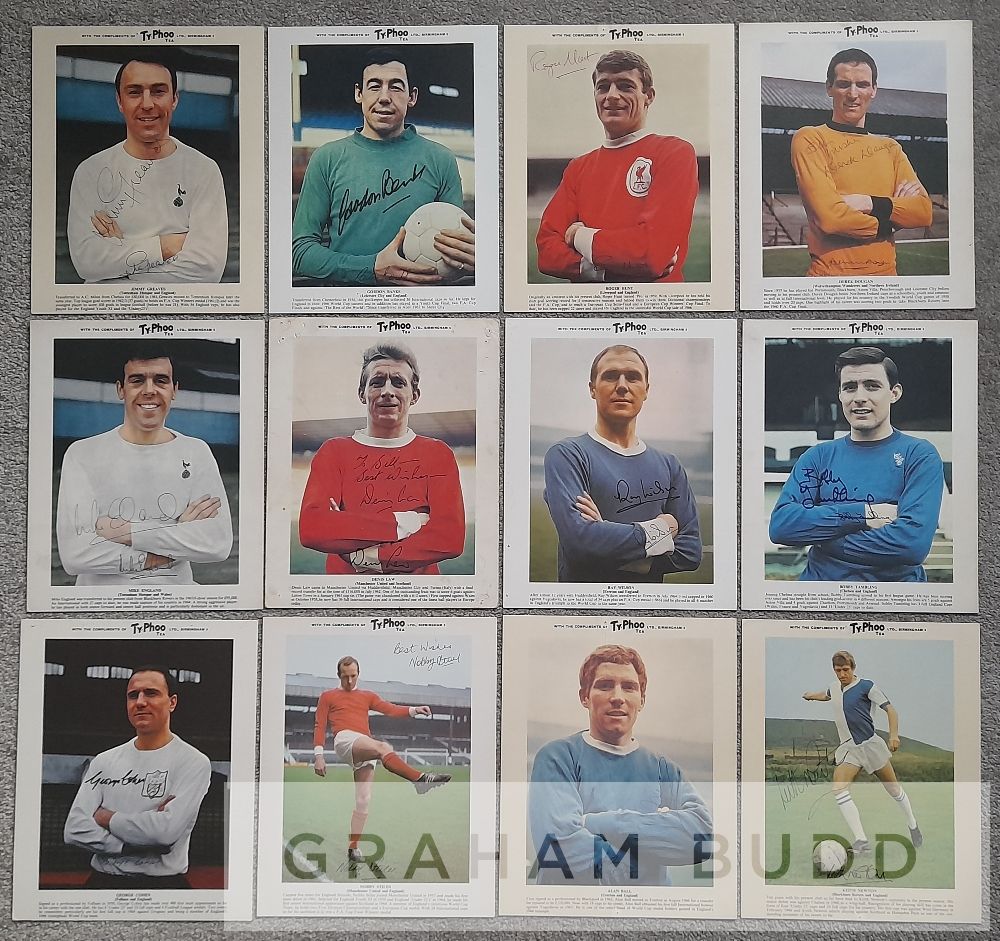 Group of twelve player signed Ty-Phoo Tea collector's cards 1960s, hand-signed by Jimmy Greaves,