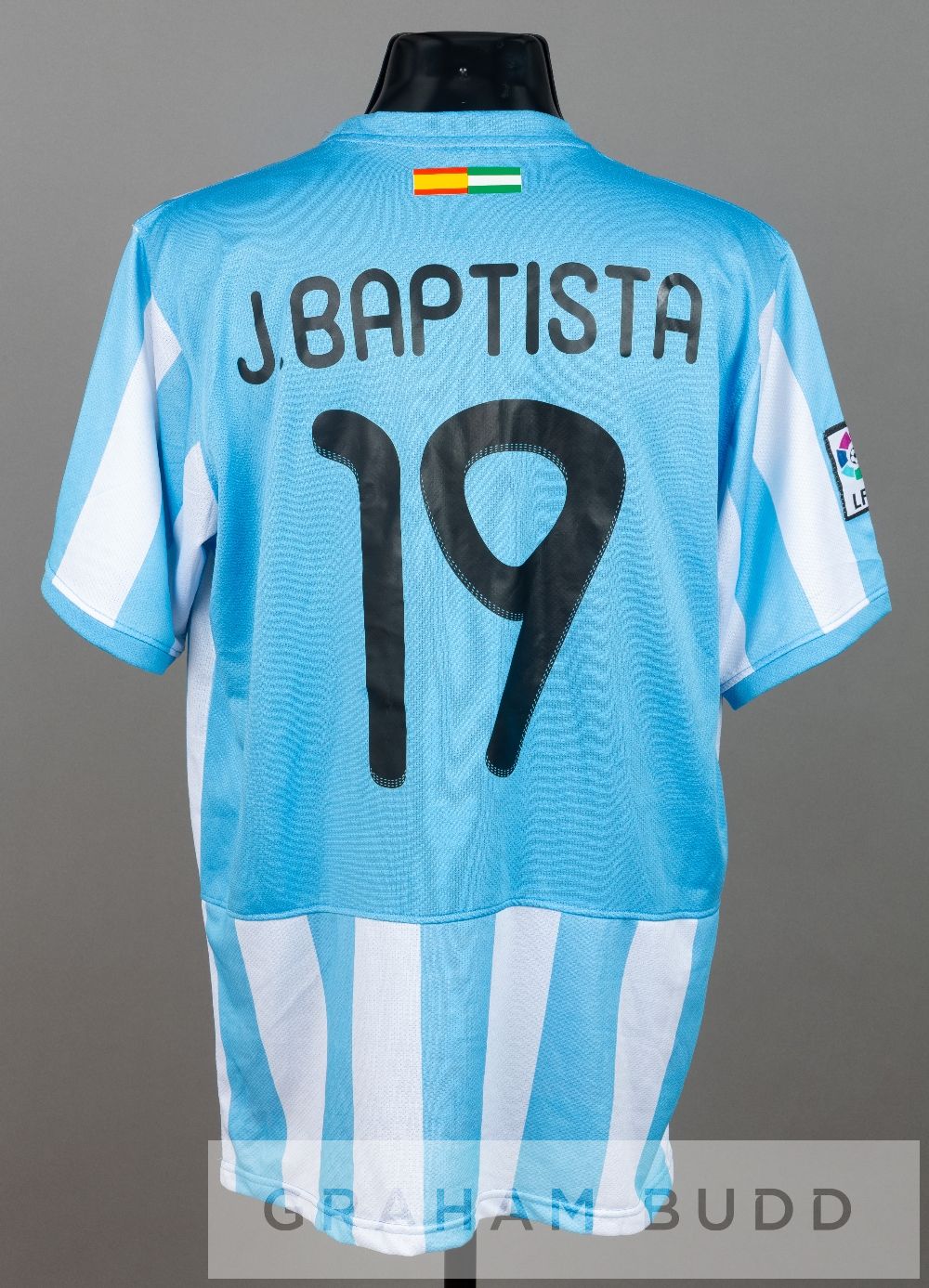 Julio Baptista blue and white striped Malaga C.F. no.19 home jersey, season 2011-12, short-sleeved - Image 2 of 2