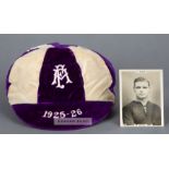 Purple and white Football Association International Trial Match cap awarded to Arsenal's Alf Baker