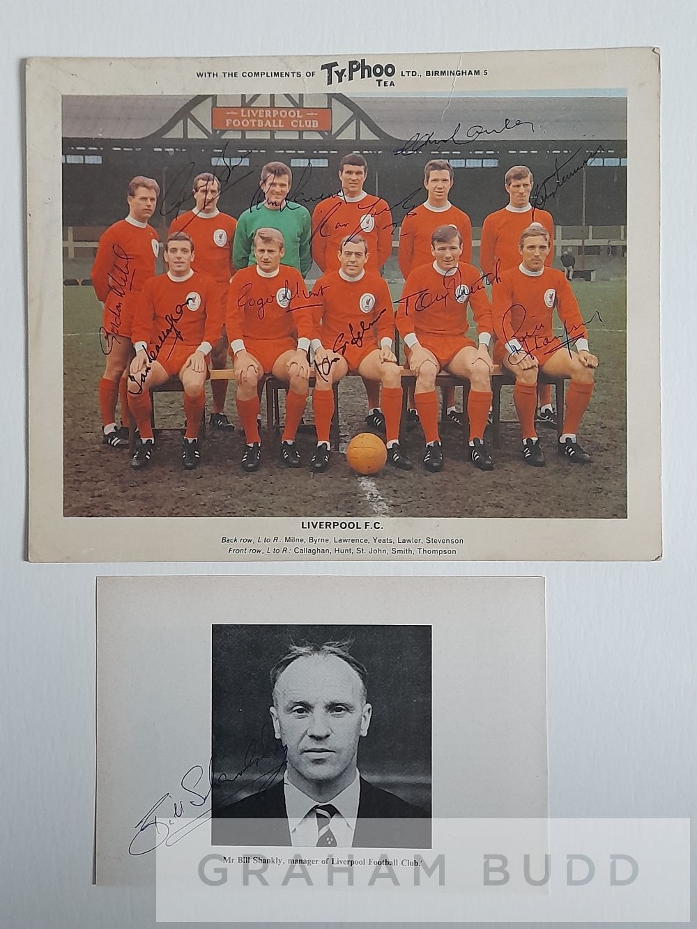 Liverpool FC 1965 F.A. Cup winning team signed Ty-Phoo Tea collector's card, signatures in ink