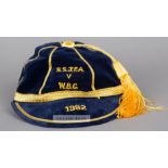 Scottish Secondary Junior F.A. v W.B.C. cap awarded in 1982, the navy velvet cap with gold tassel