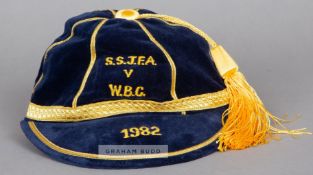 Scottish Secondary Junior F.A. v W.B.C. cap awarded in 1982, the navy velvet cap with gold tassel