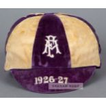 F.A. International Trial Match cap awarded in 1926-27, the purple and white quartered velvet cap