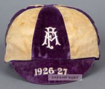 F.A. International Trial Match cap awarded in 1926-27, the purple and white quartered velvet cap