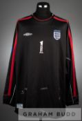 Paul Robinson double signed black and red England U-21 no.1 goalkeeper's jersey in the UEFA European