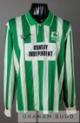 Green and white striped Plymouth Argyle no.3 jersey, circa 1991, by Ribero, long-sleeved with THE