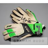 Mark Schwarzer signed Australia Mitre goalkeeper's gloves, white, green and black gloves printed