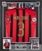 Maldini signed red and black AC Milan No.3 home replica jersey,  short-sleeved, with LEGA CALCIO