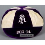 F.A. International Trial Match cap awarded in 1913-14, the purple and white quartered velvet cap