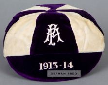 F.A. International Trial Match cap awarded in 1913-14, the purple and white quartered velvet cap