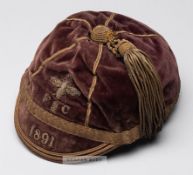 Football representative cap 1891, the dark red velvet cap with gilt braiding and tassels,