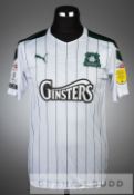 Danny Mayor white and green Plymouth Argyle no.10 away jersey, season 2020-21, short-sleeved with