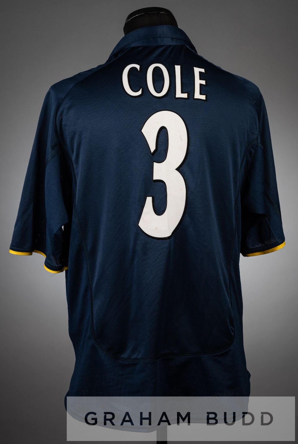 Ashley Cole navy and yellow Arsenal no.3 third choice jersey, season 2000-01, short-sleeved with