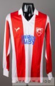 Red and white striped Red Star Belgrade no.4 jersey, season 1989-90, by Zelengora, long-sleeved with