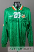 David Kelly green Republic of Ireland no.20 1994 World Cup Finals jersey, by Adidas, long-sleeved