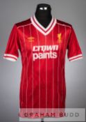 Squad signed red and white Liverpool no.15 home jersey, season 1982-83, short-sleeved with club