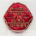 Football Association Cup Final Press Steward badge Manchester City v Portsmouth, at Wembley Stadium,