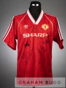 Squad signed red and white Manchester United no.2 home jersey, season 1988-90, short-sleeved with