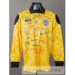 Yellow and black England goalkeeper's No.1 jersey, circa 1990-91 signed by players past and present,