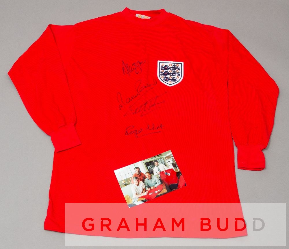 Martin Peters, Geoff Hurst, Roger Hunt and Alan Ball signed red England 1966 replica jersey, by