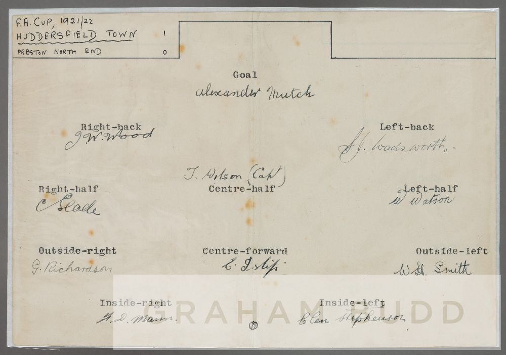 HUDDERSFIELD TOWN 1921-22 FA CUP WINNING TEAM ORIGINAL INK AUTOGRAPHED TEAM SHEET The 1922 FA Cup