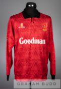 Red and black Portsmouth no.14 substitutes away jersey, season 1992-93, long-sleeved with THE