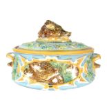 A Victorian George Jones & Son's majolica twin handled game dish and cover, 19th century