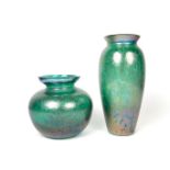 Two Briarley Studios iridescent green glass vases, 20th century
