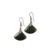 Pair of Chinese silver nephrite jade fan shaped earrings.