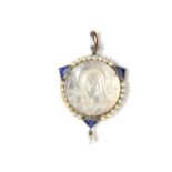 Mother-of-pearl, sapphire and pearl Virgin Mary pendant.