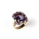 Impressive yellow gold amethyst, sapphire and diamond cocktail ring.