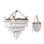 Two gilt metal and pendant glass chandeliers