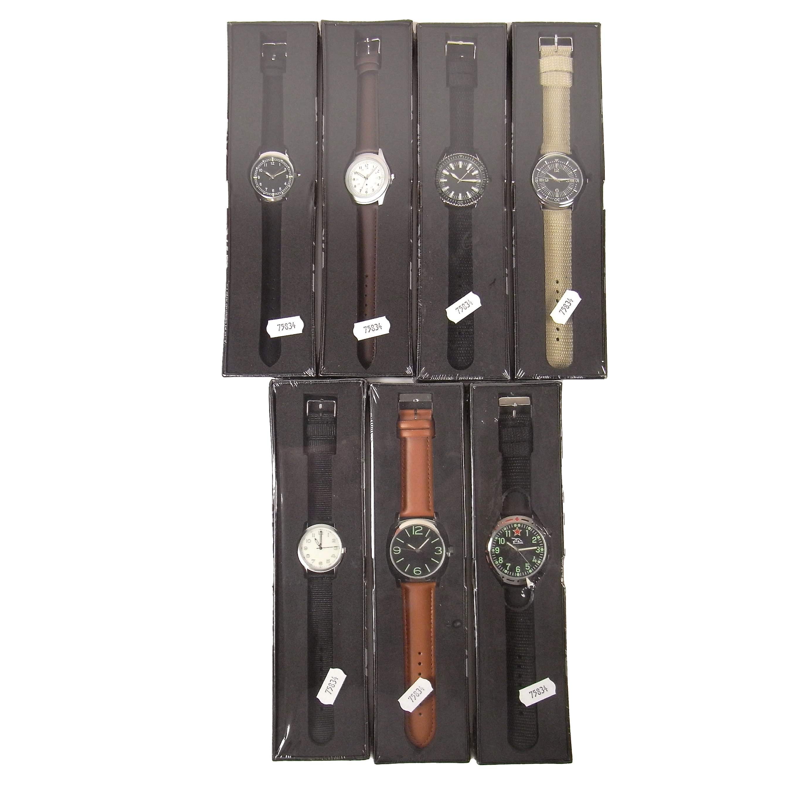 Collection of seven military style watches.