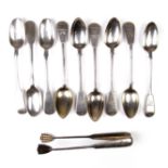 Russian silver teaspoons and sugar tongs