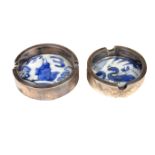 Two Chinese silver mounted blue and white porcelain ashtrays