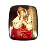 A Russian lacquer box entitled 'Girl by the stove'