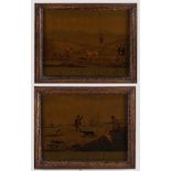 Coppia di dipinti su vetro raffiguranti “Scene di caccia”, XIX secolo.