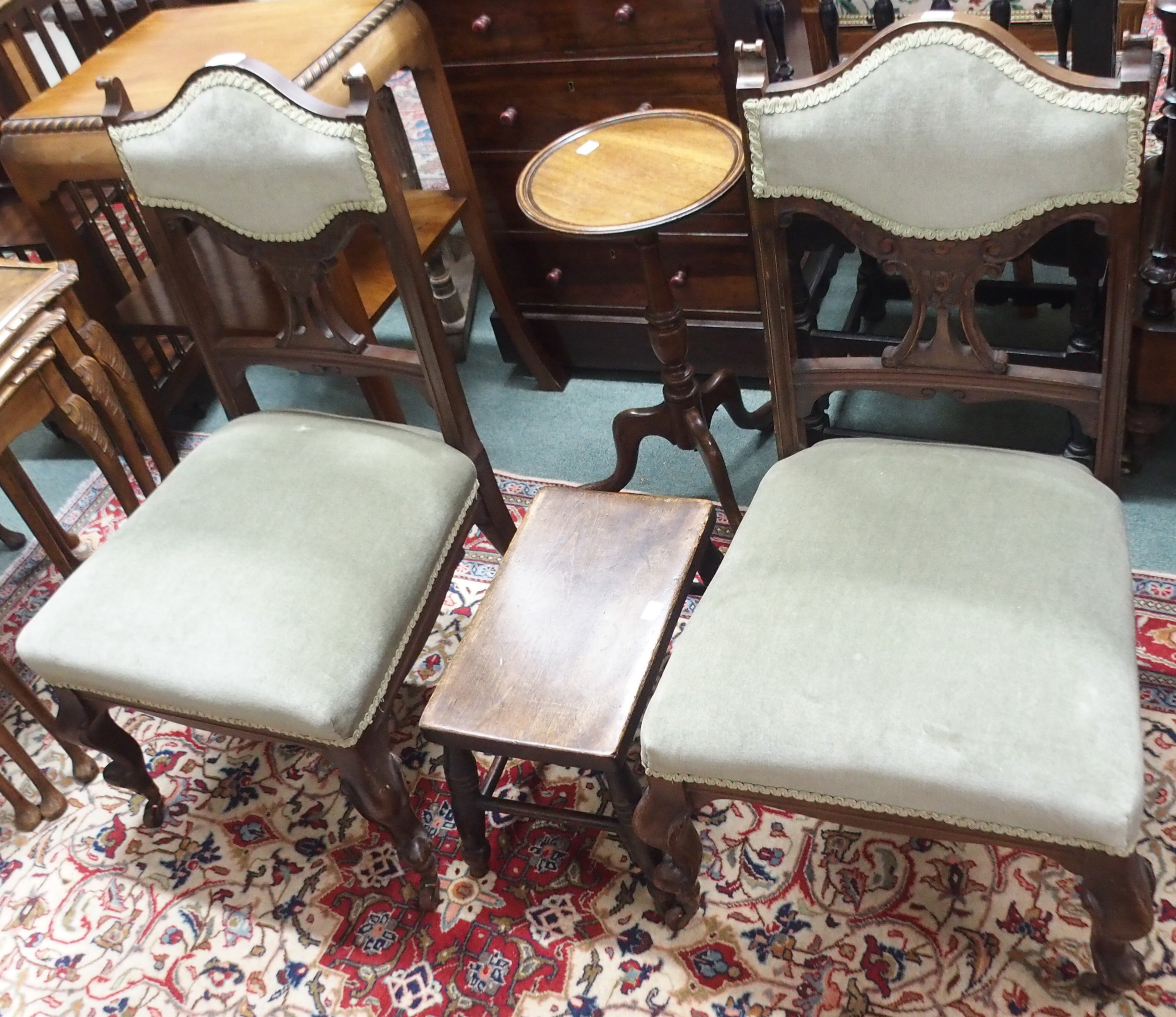 *A pair of Victorian parlour chairs, mahogany wine table and a small footstool (4) Condition Report: