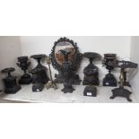 A cast iron mirror, brass candlestick and various marble garniture Condition Report: