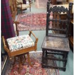 An inlaid rosewood adjustable piano stool and a carved oak hall chair (2) Condition Report: