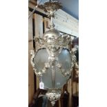 A very ornate metal ceiling light with opaque glass shade, 80cm high Condition Report: