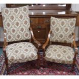 An inlaid mahogany open armchair with upholstered back and seat, 113cm high with a matching ladies