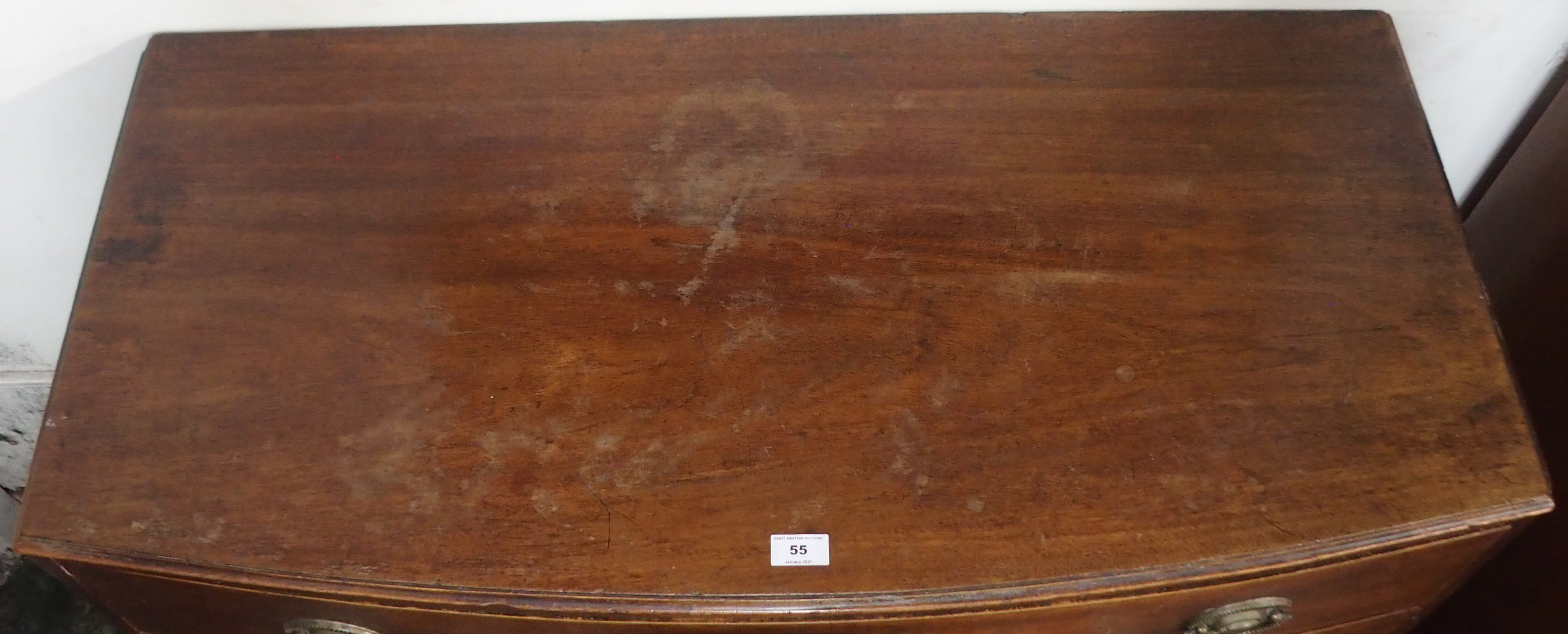 A Georgian mahogany bow front four drawer chest, 102cm high x 107cm wide x 52cm deep Condition - Image 2 of 3