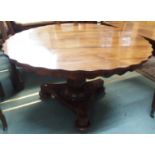 A Victorian rosewood breakfast table with a baluster support on tripod base, 73cm high x 126cm