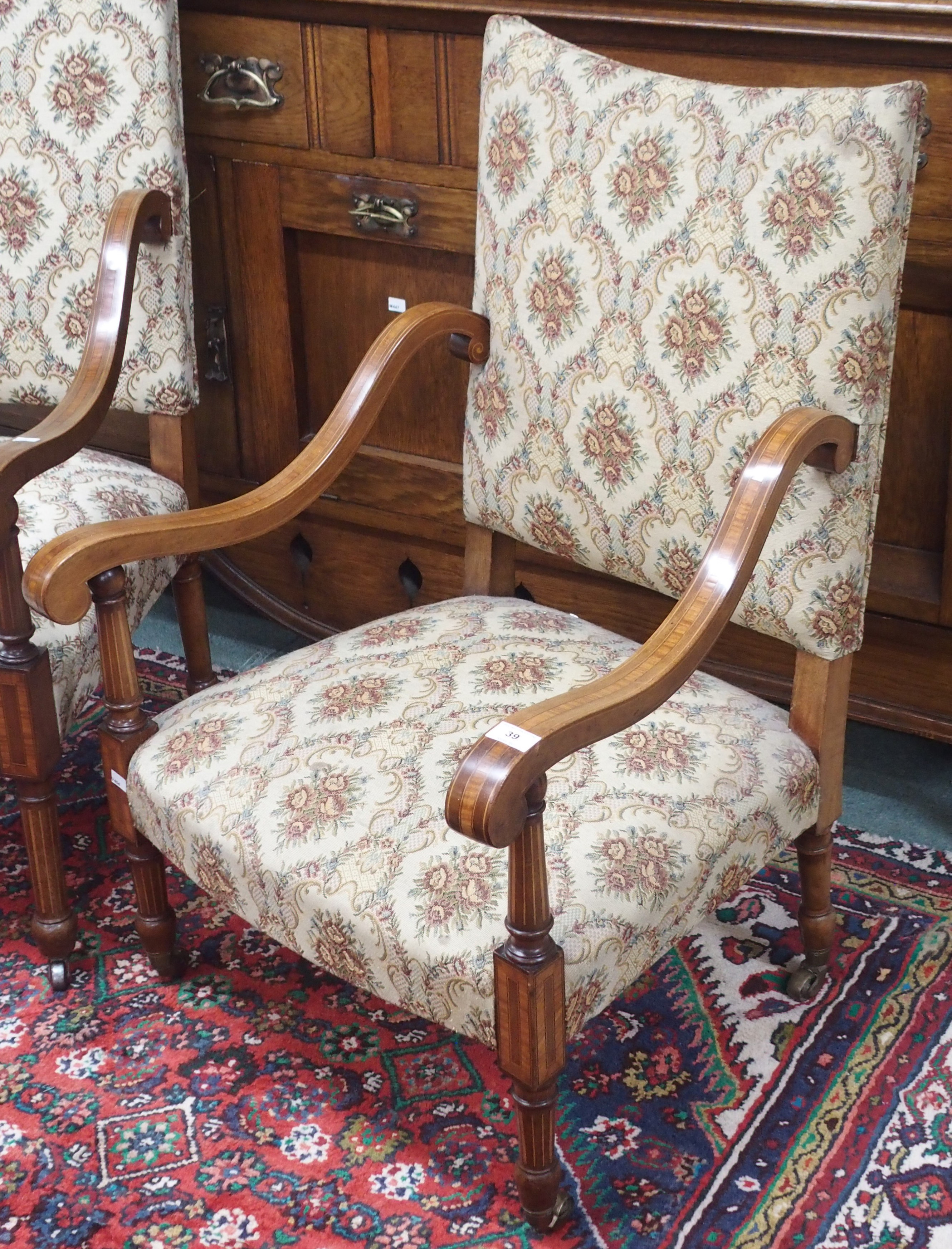 An inlaid mahogany open armchair with upholstered back and seat, 113cm high with a matching ladies - Image 3 of 3