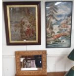 A framed tapestry, an oriental framed woolwork and a wall mirror (3) Condition Report: Available