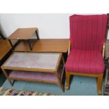 A Mid Century display stand, rocking chair, coffee table, filling cabinet and mahogany stool with