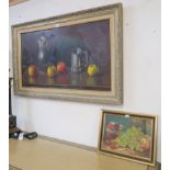 A still life oil on canvas signed, 47cm x 84cm and a smaller still life on canvass, 21cm x 29cm (