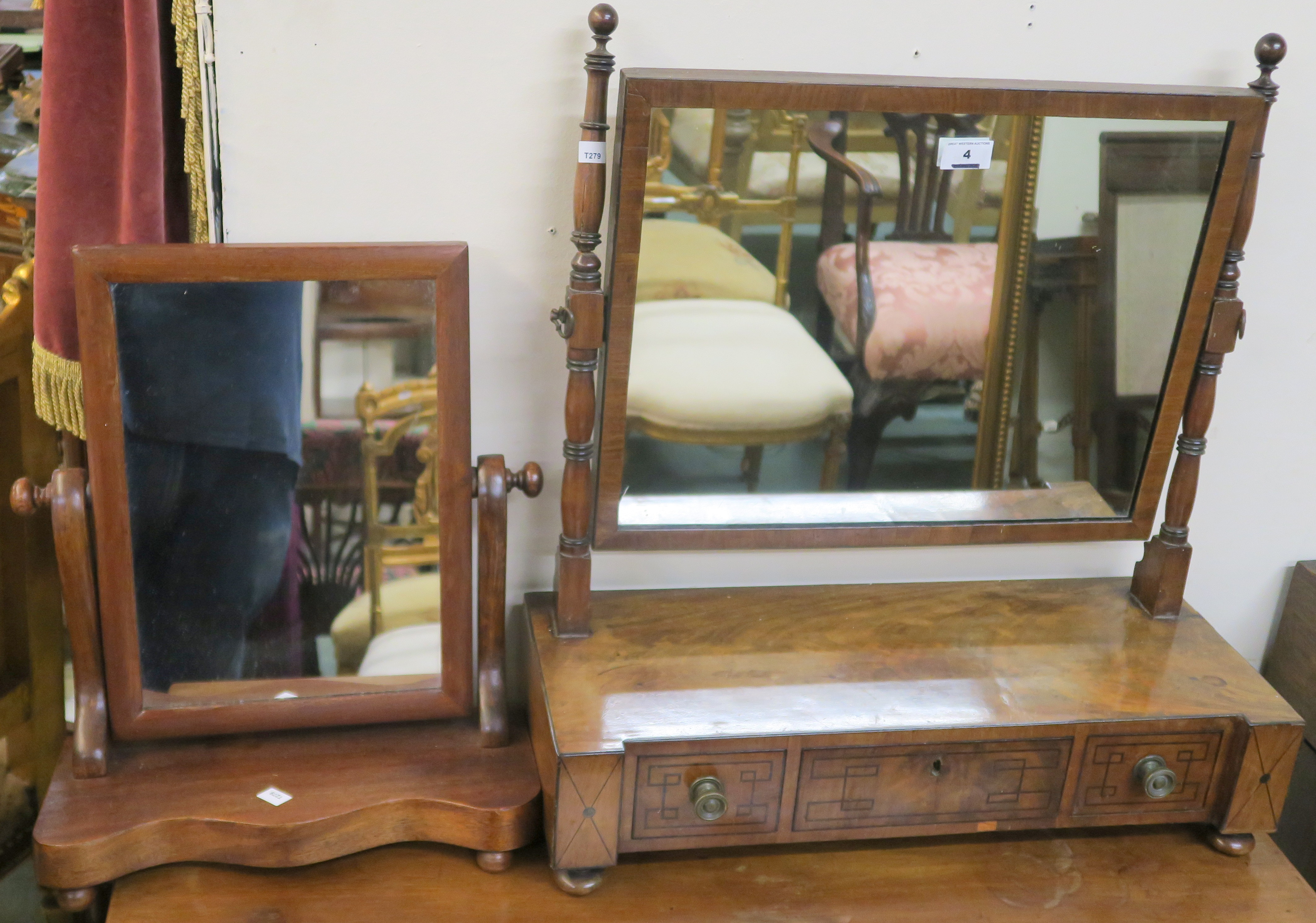 An inlaid mahogany toilet mirror with three drawers and a smaller toilet mirror (2) Condition